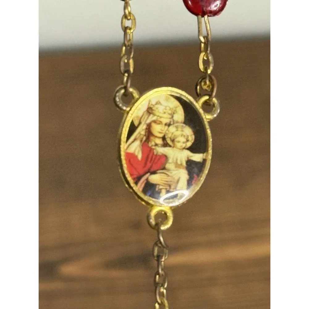 Vintage Rosary Red Beads Christian Graymoor Gold Tone Italy A Tertium Millennium